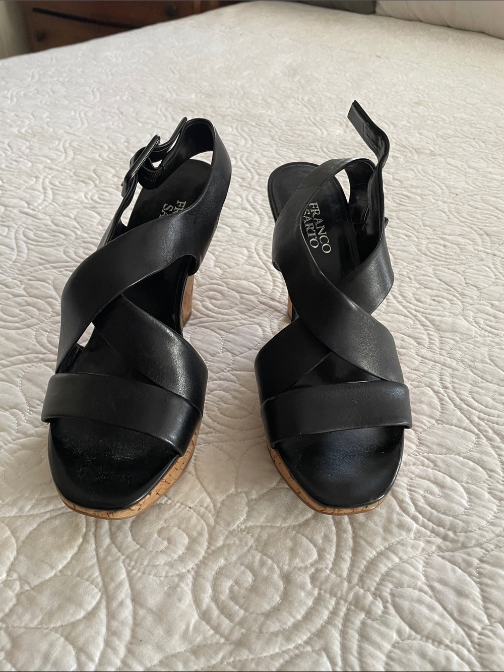 Franco Sarto Black Leather Crisscross Wedge Sandals